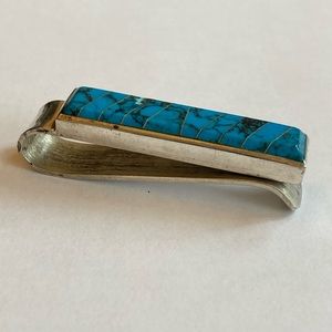 Stunning Taxco, Mexico Sterling Silver & Faux Turquoise Inlay Money Clip